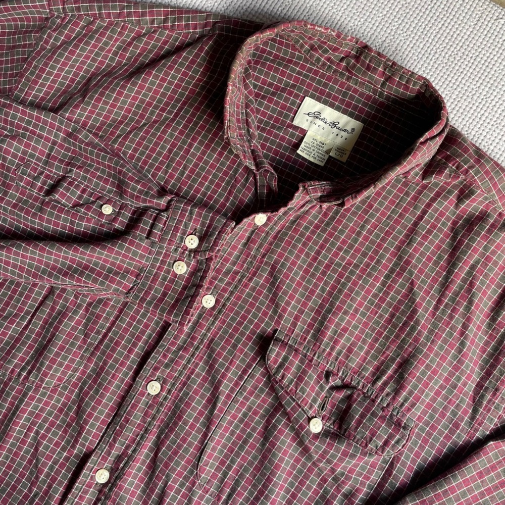 Vintage 90s Eddie Bauer Plaid Shirt Mens L Red Gray 100% Cotton